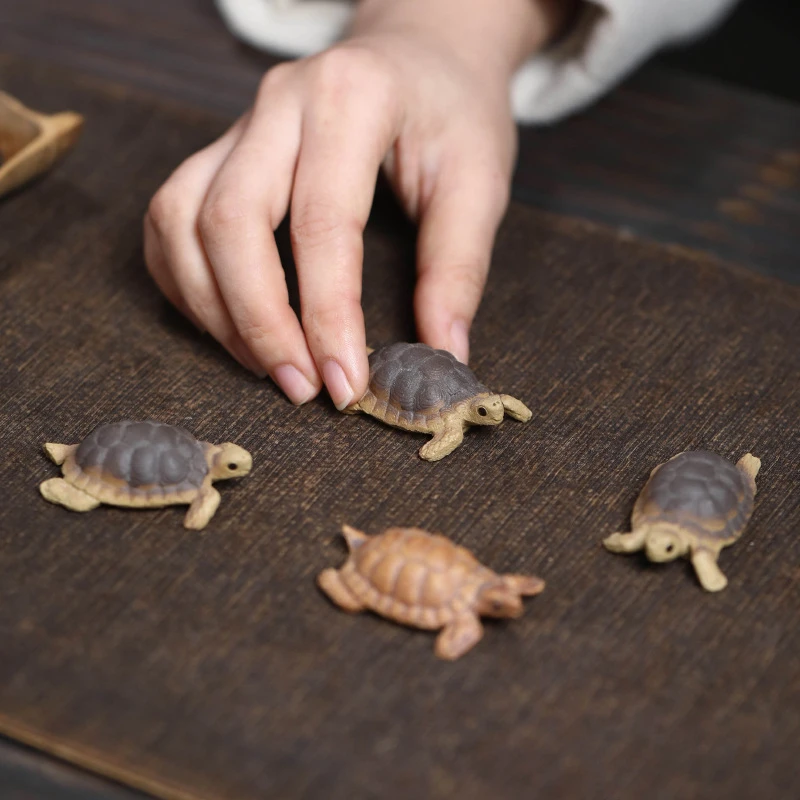 紫砂茶宠迷你海龟摆件手工茶桌茶玩乌龟假山鱼缸