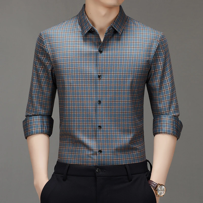 新款无痕小格子男衬衫修身中青年衬衫免烫商务休闲无痕夏季男衬衣