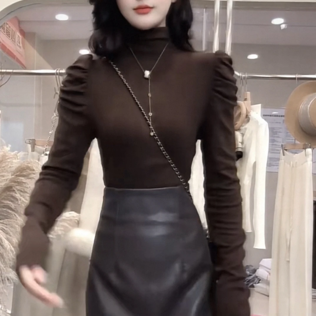 女泡泡袖纯色拼接修身型常规T恤内搭气质百搭秋冬