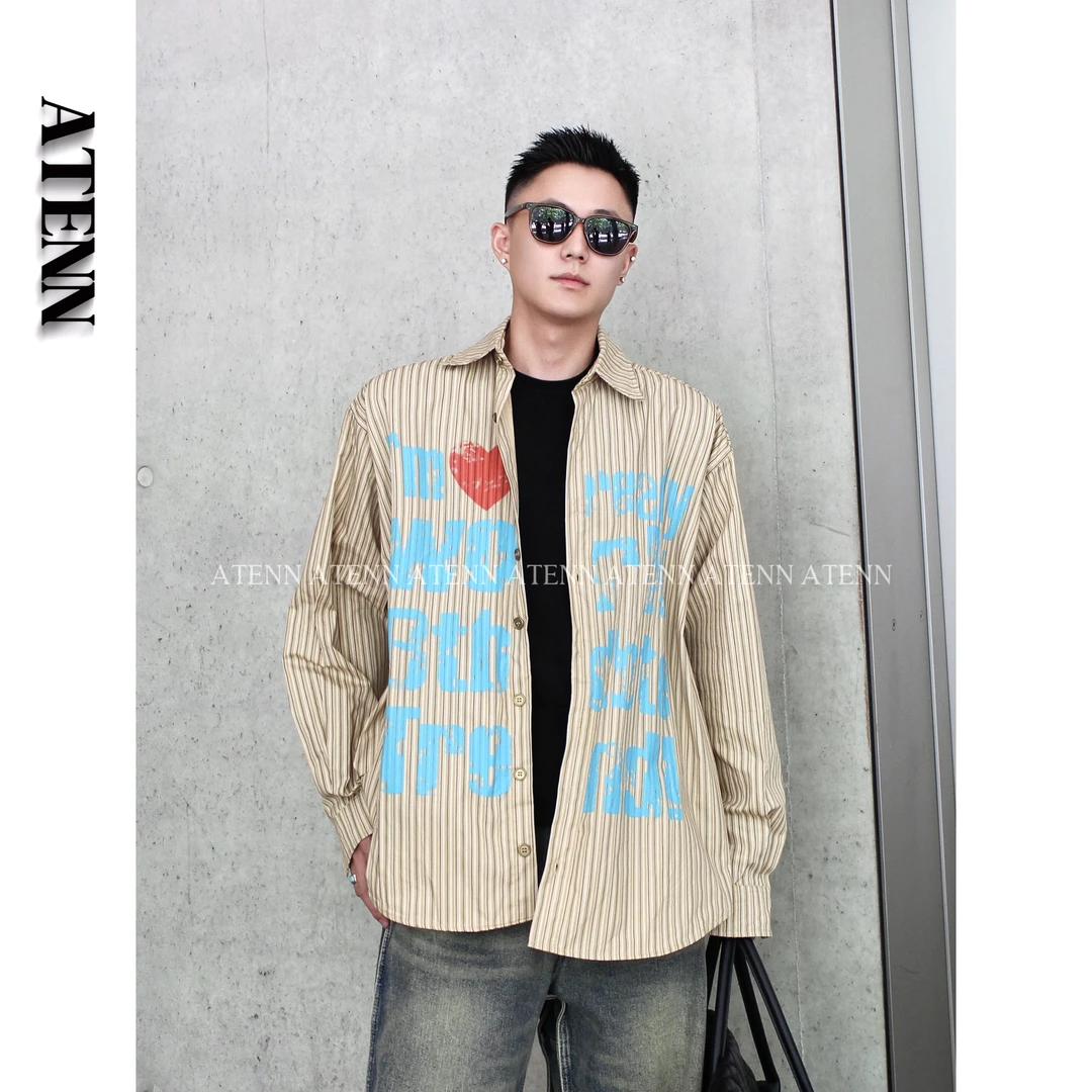 ATENN2025秋款小众设计师【字母印花长袖】三色条纹衬衫