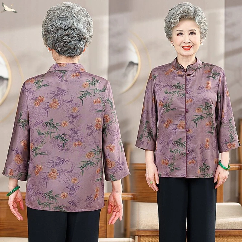 时尚妈妈装透气舒适上衣服中老年女装奶奶夏季半袖套装休闲小衫