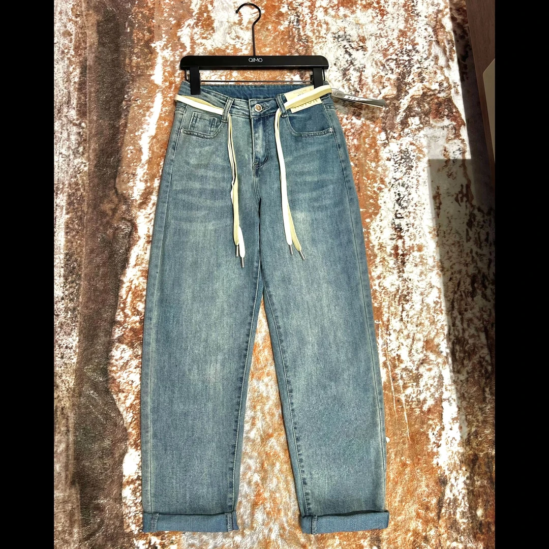 QIMO启茉（A500502#皮标微哈伦牛仔裤）蓝色