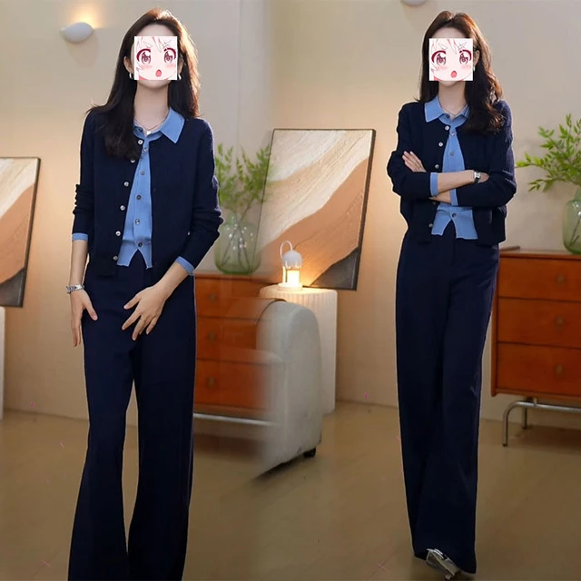 2025春季时尚假两件针织开衫打底衫高腰直筒西装裤两件套高级减龄