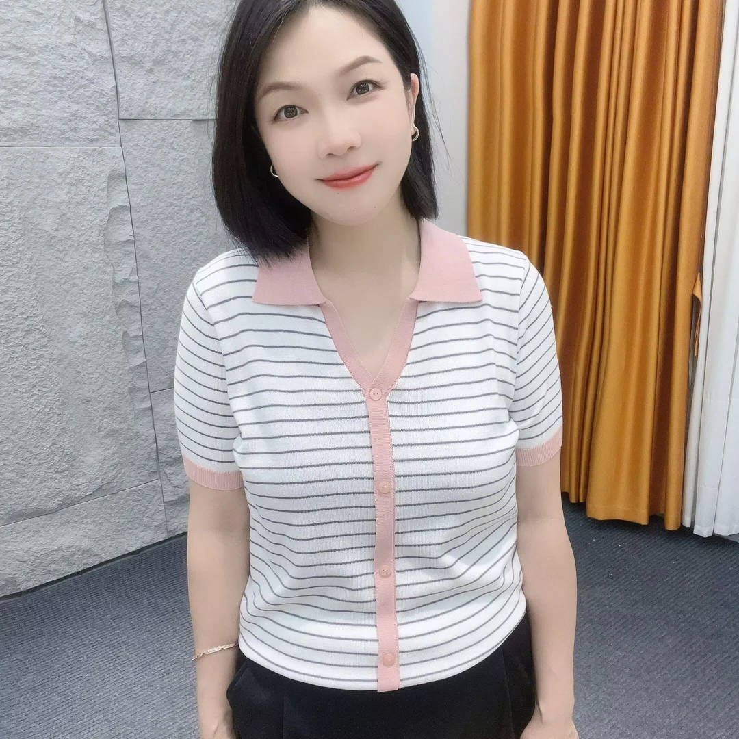 5115/5138夏季新款短袖【大米家上衣】韩系条纹针织衫POLO领短袖女