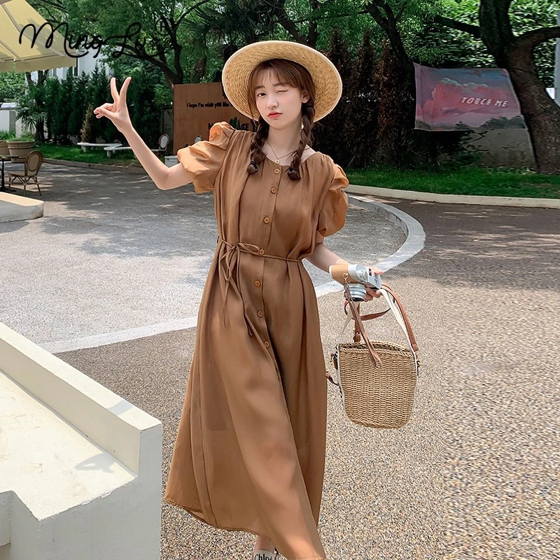 泡泡袖连衣裙女夏收腰显瘦法式茶歇复古浪漫质感高级感过膝长裙子