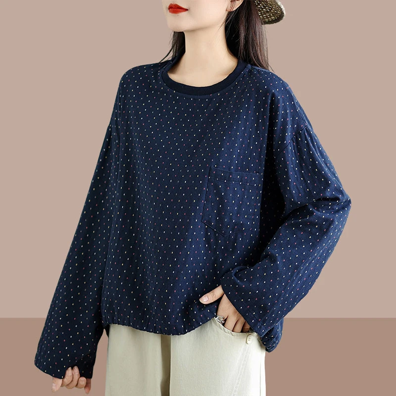 早秋时尚新款大码女装色织休闲波点圆领T恤通勤百搭新款长袖卫衣