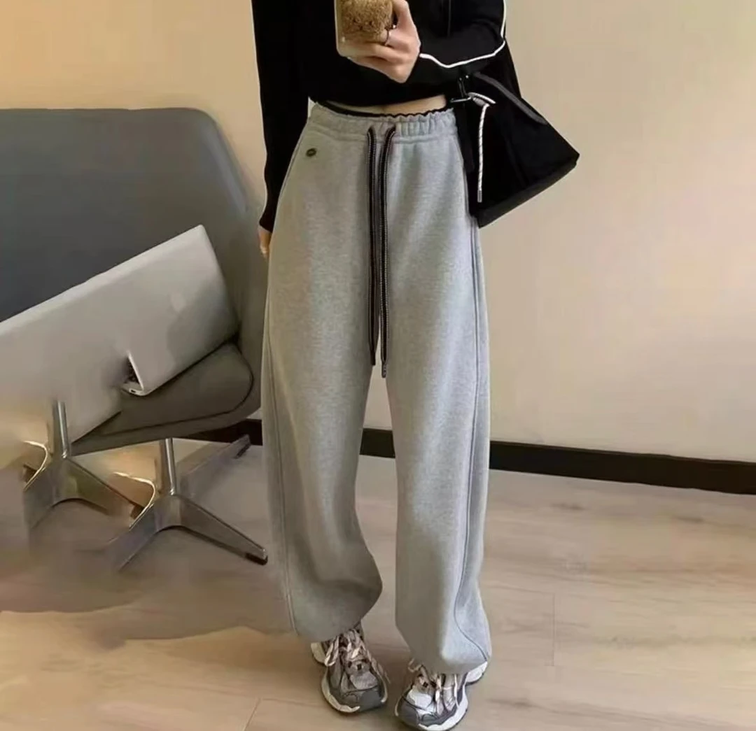 新款奥粒绒加厚拼接收口直筒裤女高腰卫裤加绒女款女士束脚卫裤