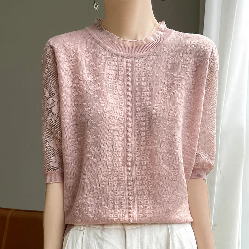 哥弟阿玛施正品夏季薄款时尚蕾丝针织打底衫气质镂空宽松圆领上衣