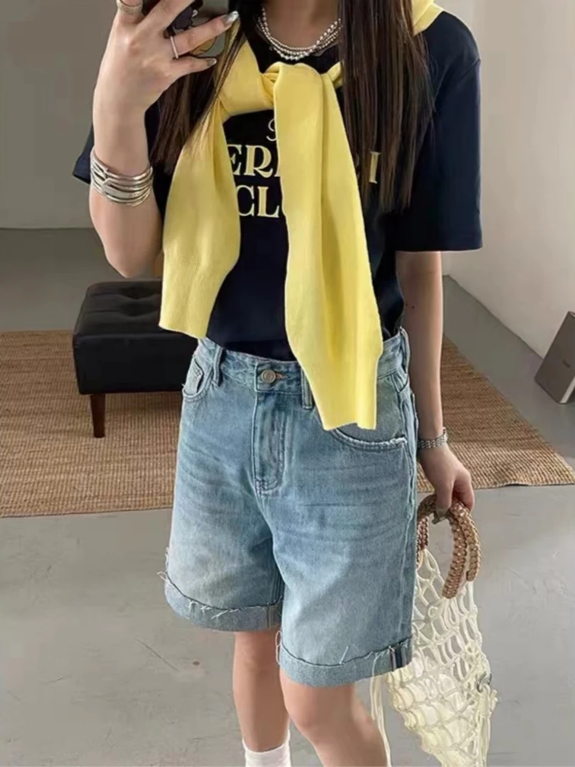 Manmi 美式复古卷边牛仔四分裤 1213（K7）