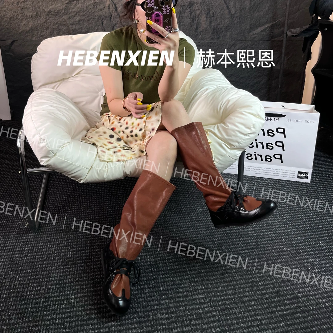 HEBENXIEN2025早秋新款宽筒显瘦薄底真皮一脚蹬运动芭蕾舞长筒靴