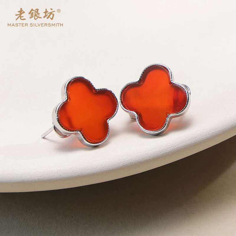 s925银红玛瑙四叶草耳扣13mm 00141010
