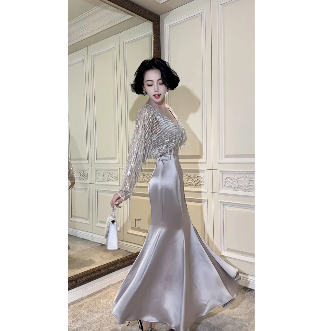 LYXJ【罗纳河碎钻】高级定制流苏亮片醋酸连衣裙轻奢设计师11853