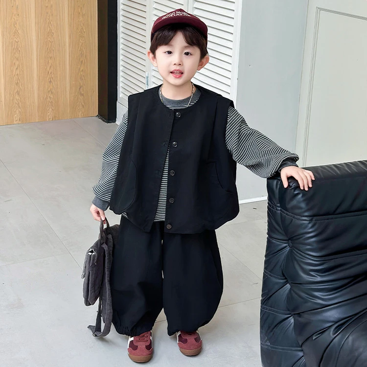 男童秋季套装2025新款洋气男宝韩版潮酷马甲三件套儿童秋装衣服