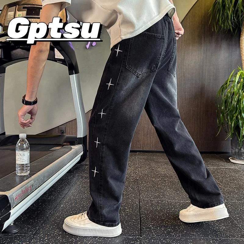GPTSu痞帅刺绣直筒牛仔裤男夏季薄款潮流宽松阔腿裤高级感休闲裤