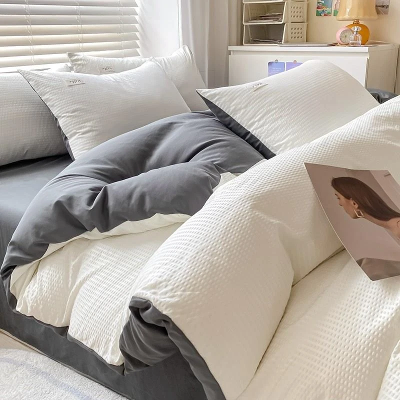 网红华夫格四件套水洗磨毛床单被套床笠款床上学生宿舍床上七件套