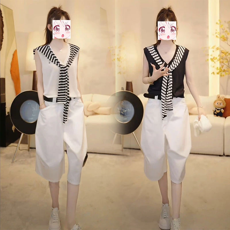 2025年夏季时尚减龄穿搭文艺清新条纹披肩无袖针织衫显高中裤套装