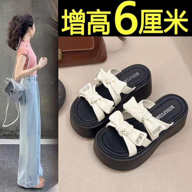 厚底7cm拖鞋女外穿2025夏季新款蝴蝶结松糕增高凉拖百搭沙滩凉鞋