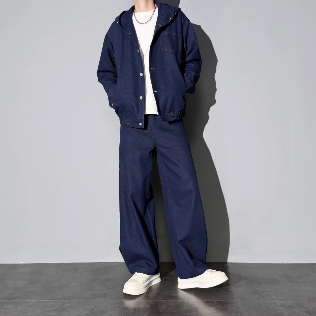 莱德的搭配春季连帽牛仔套装男士蓝色时尚宽松休闲复古阔腿两件套