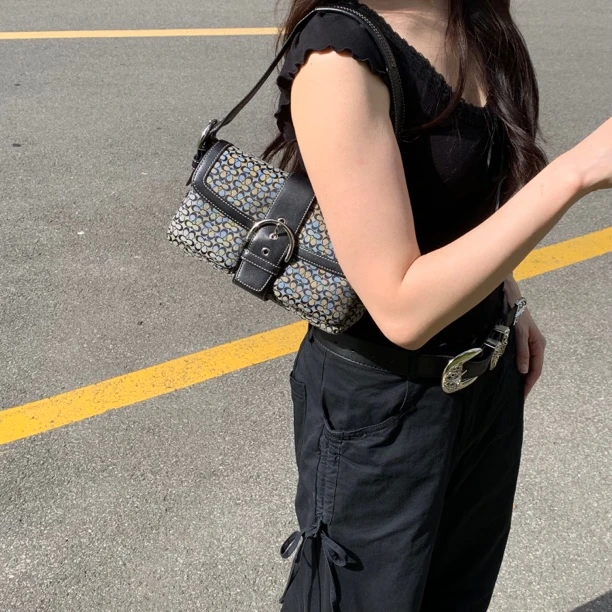 95新 COACH/蔻驰 coach烟灰色老花帆布小号双兜机车包单肩包hd