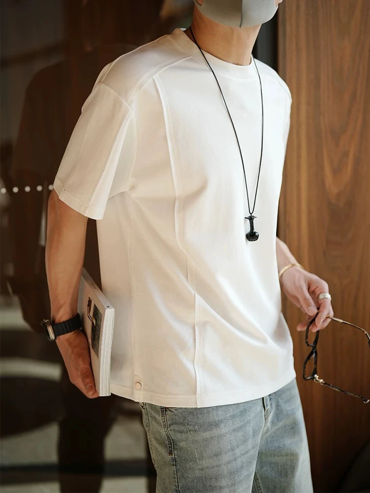 韩版简约立体拼接白色圆领短袖T恤男士夏季潮流基础纯色百搭t恤衫