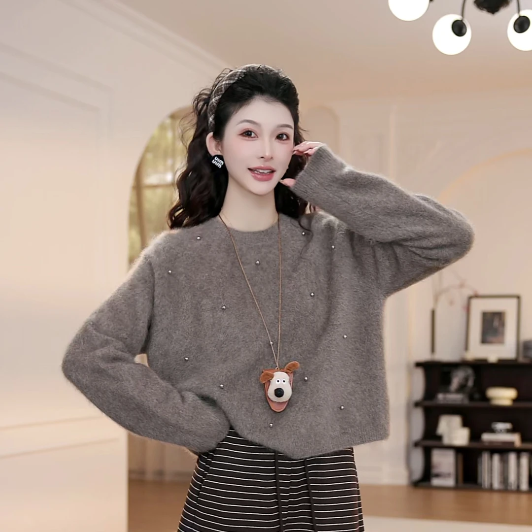 【YY·studio】咖色钉珠毛衣女秋冬新款圆领套头长袖针织上衣9069