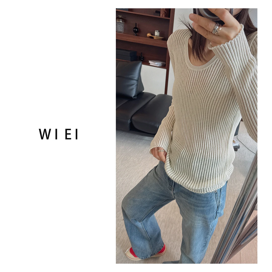 《WI EI》知秋*亚麻極简微透坑条U领纸片人针织上衣W25209040