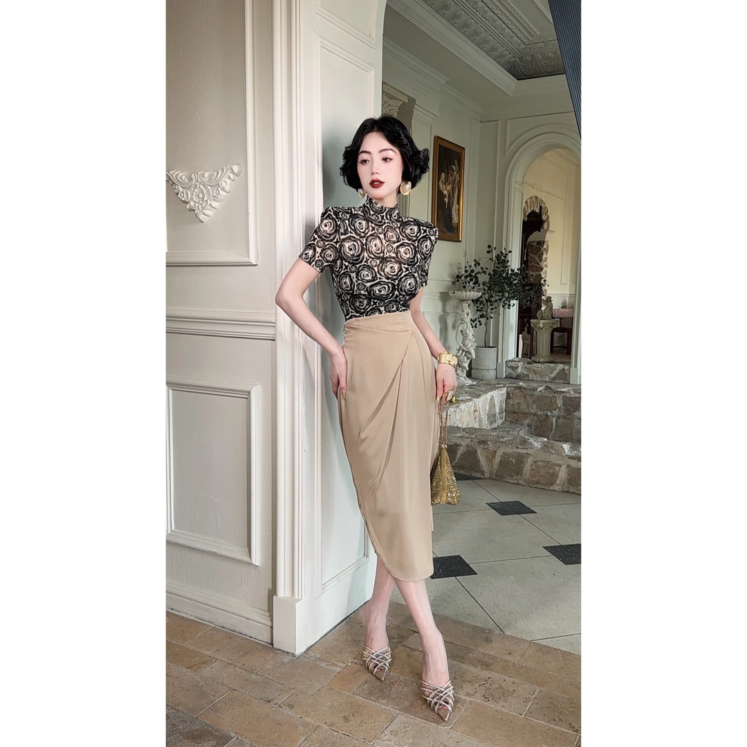 LYXJ【纳维亚鸡尾酒】夏季收腰透气香槟色半身裙11121