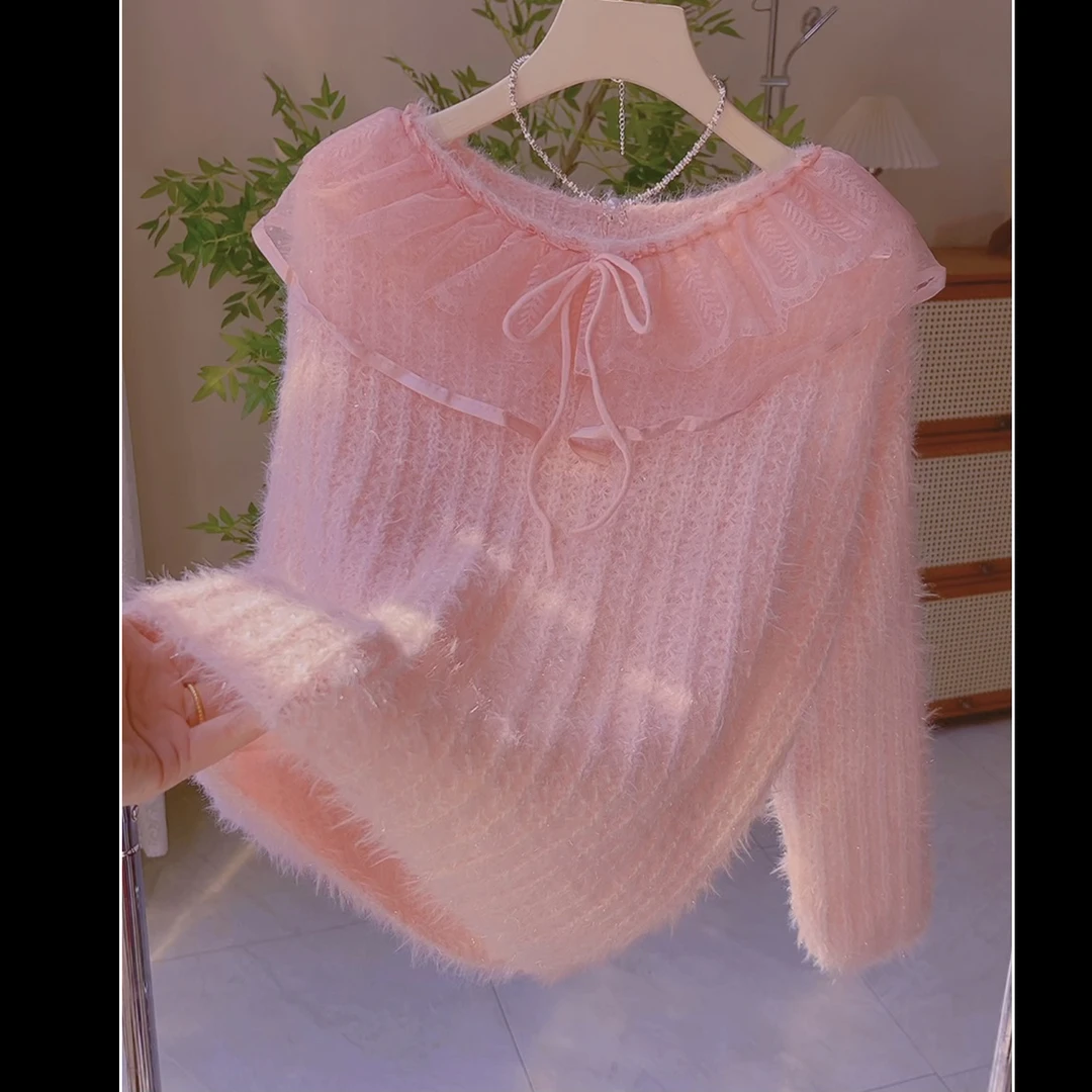 向-蕾丝网纱拼接系带甜美针织毛衣2025春季新款套头针织衫上衣