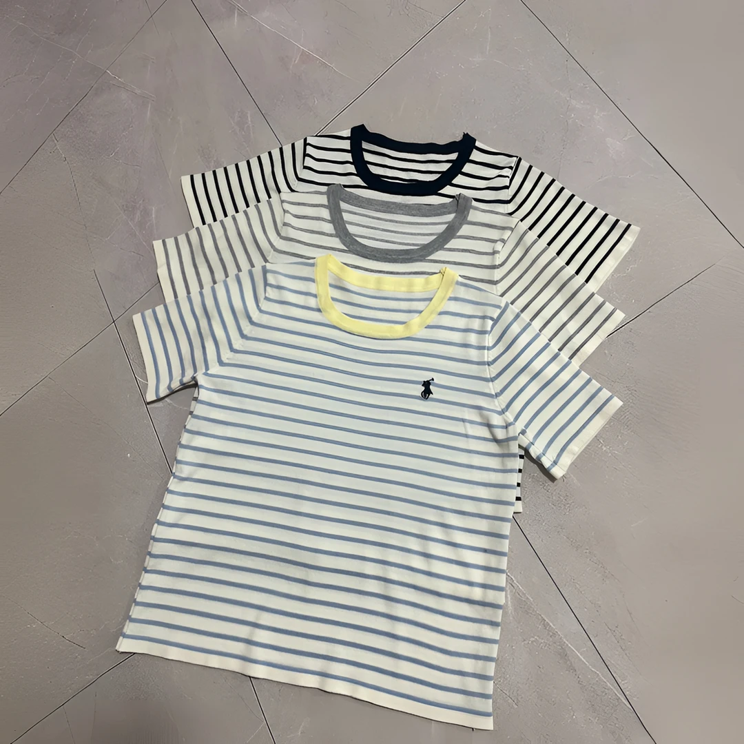 圆领撞色条纹小马刺绣针织衫T恤女2025夏季新款宽松百搭显瘦上衣