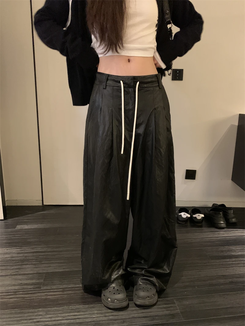 【OPENING自制】高街痞裤 抽绳系带pu皮休闲阔腿皮裤