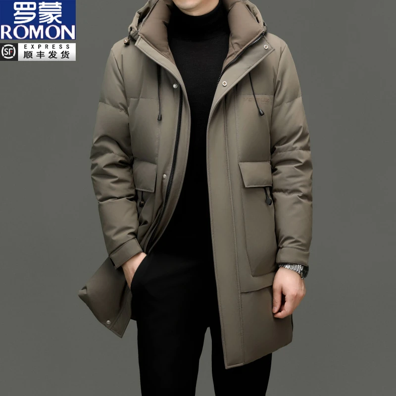 罗蒙牛奶丝羽绒服90白鸭绒男士中长款冬季新款加厚保暖休闲外套