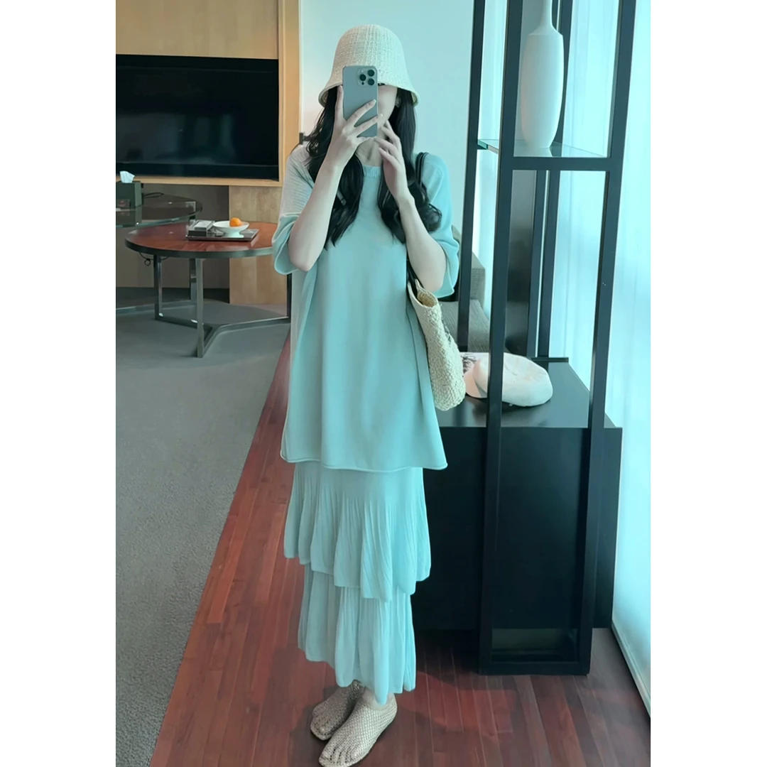 2025夏季新款时尚慵懒风气质宽松中长款上衣女高腰显瘦半身裙套装