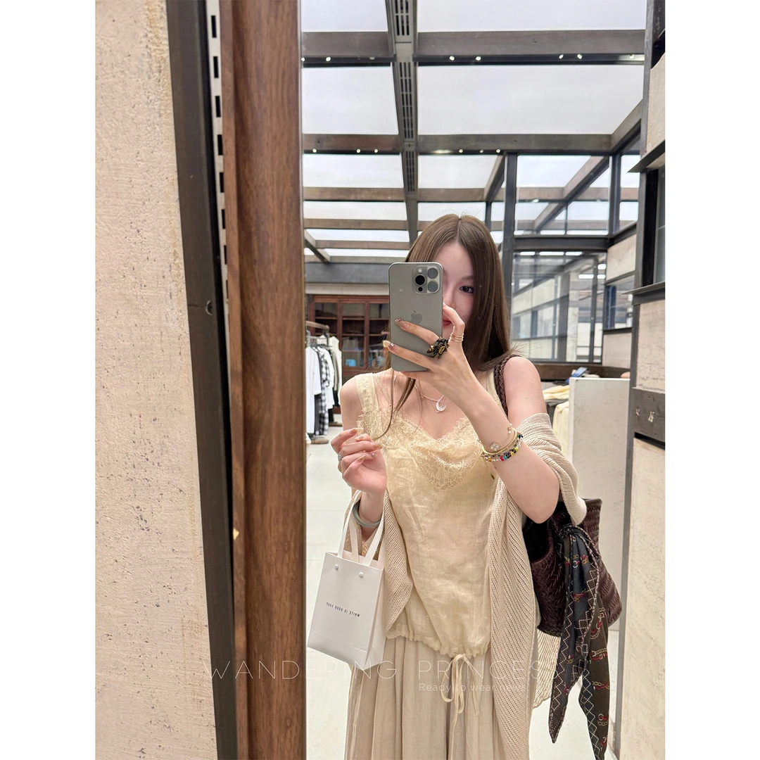钱美西 雾感砂洗植物染色 浮雕睫毛蕾丝 法式仙女背心吊带M02586