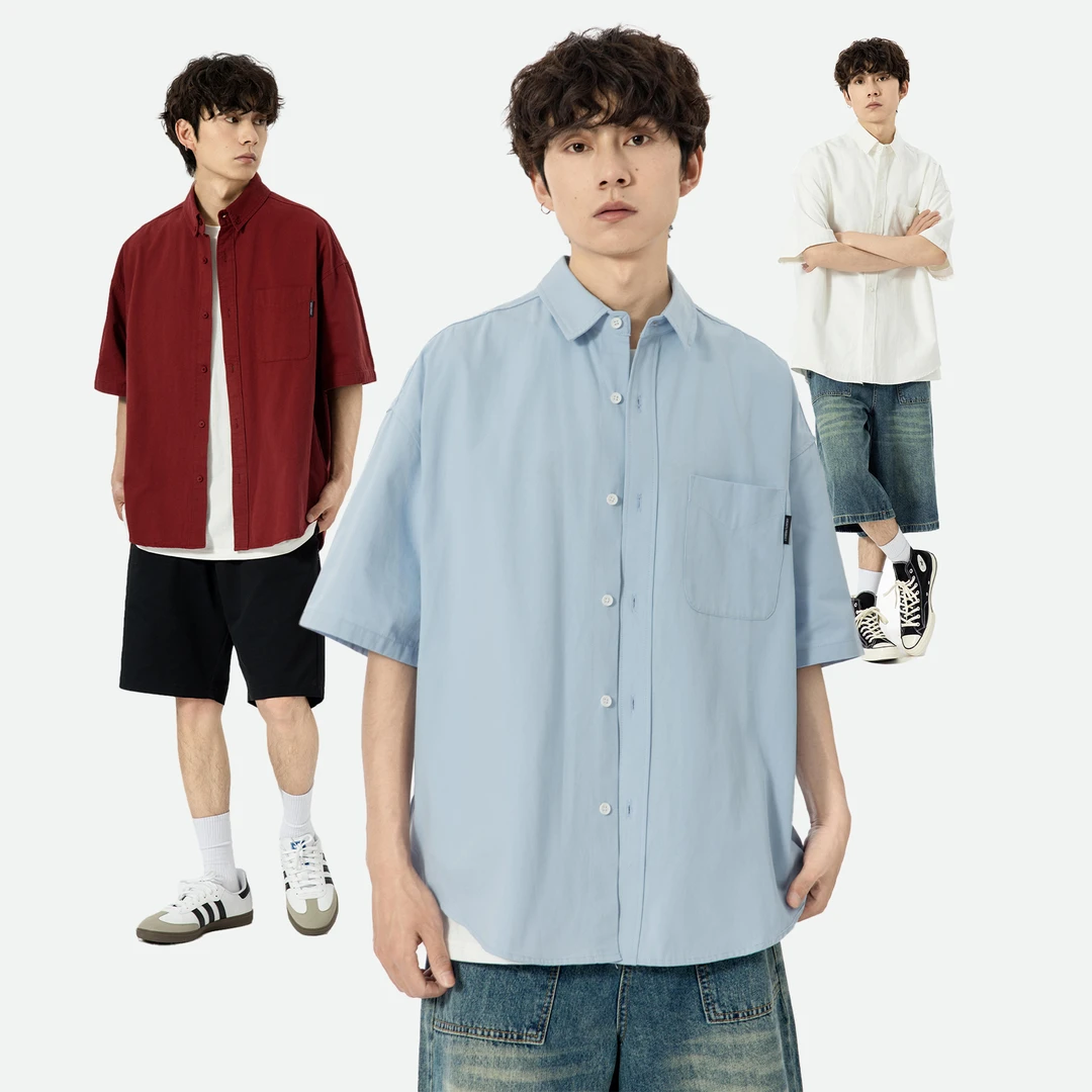 日系cityboy夏季新款纯色短袖衬衫男休闲宽松衬衣外套 MC22030