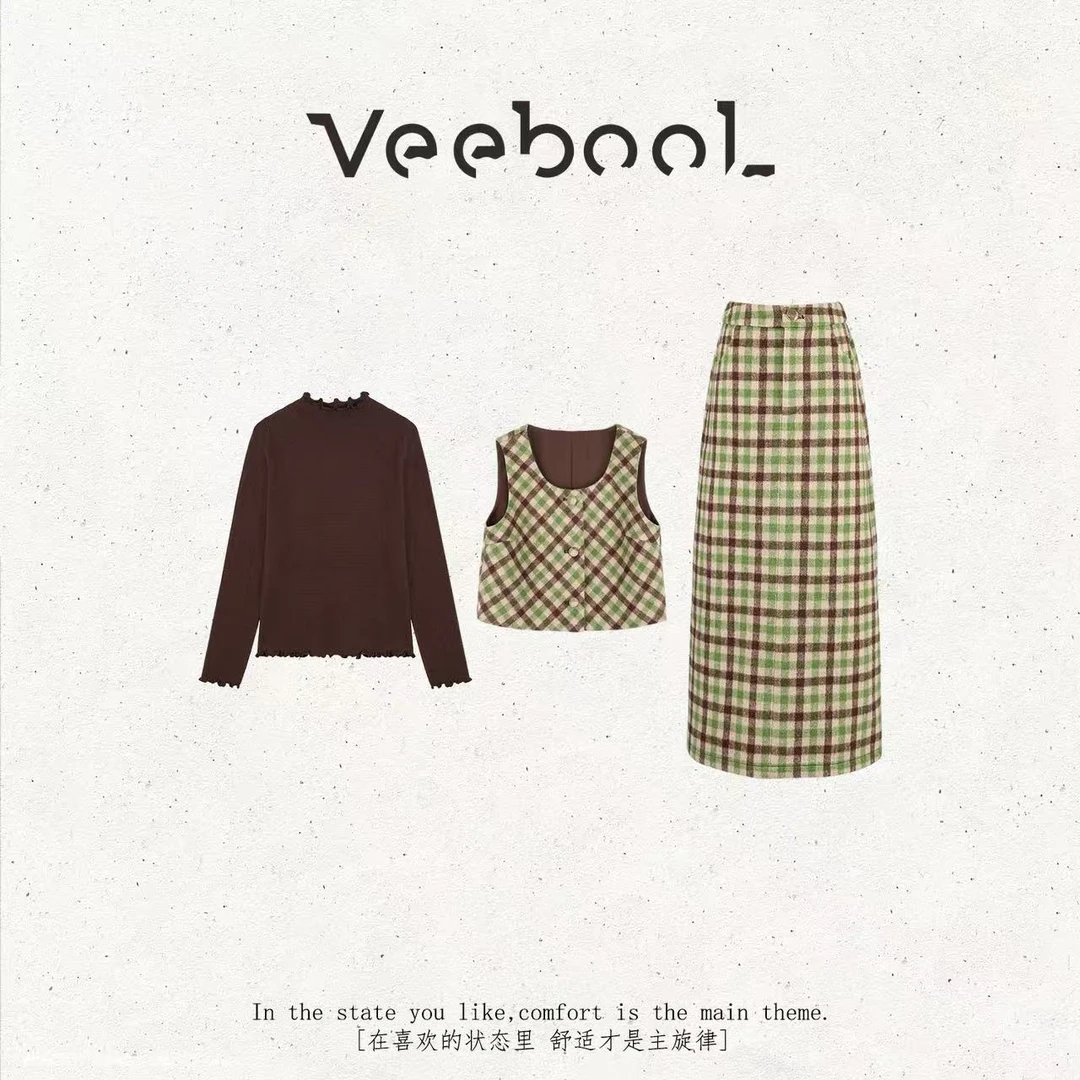 薇宝儿Veebool【翠云流年】秋冬简约风田园休闲羊毛半身裙套装女