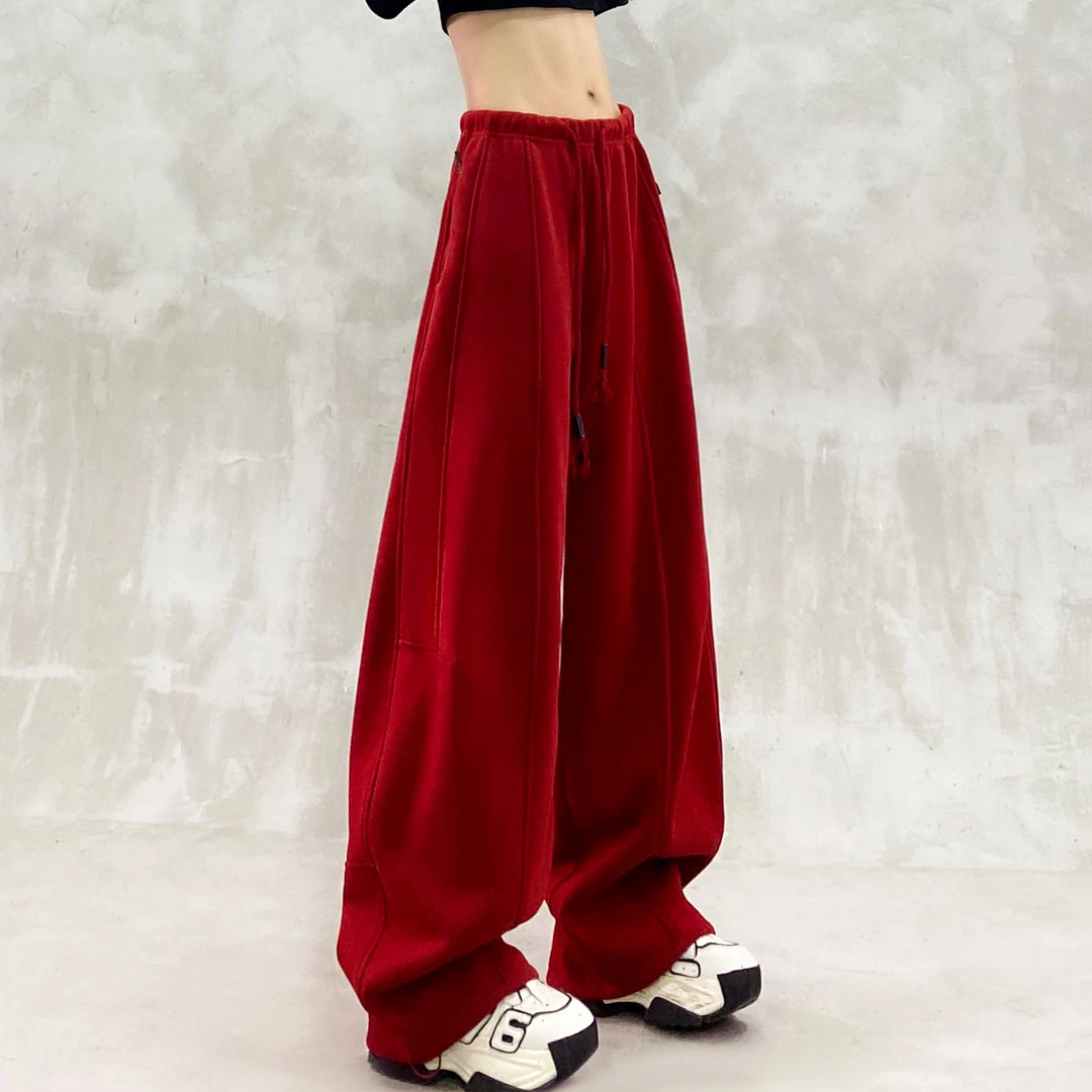 洋气拼接红色加绒休闲弯刀裤女冬新款高腰宽松显瘦百搭直筒香蕉裤