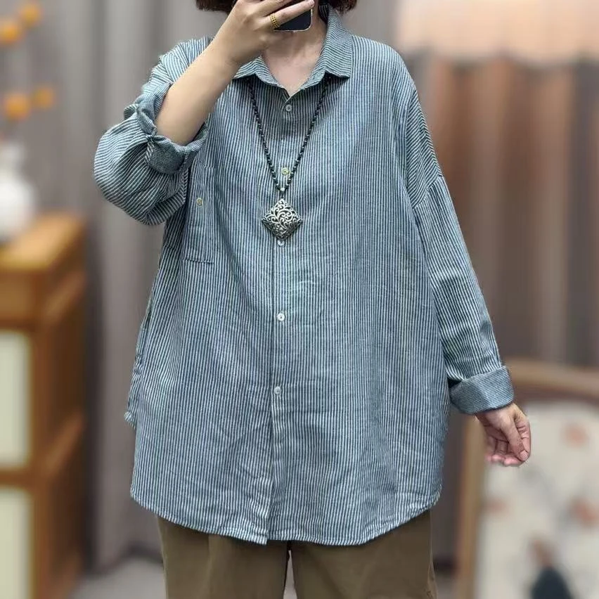 2454秋新款长袖条纹衬衫棉纱翻领衬衣200斤