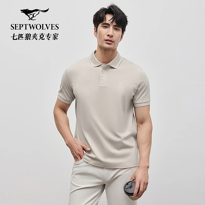七匹狼夏季纯色短袖男Polo衫绣花polo衫时尚t恤珠片工装风6312