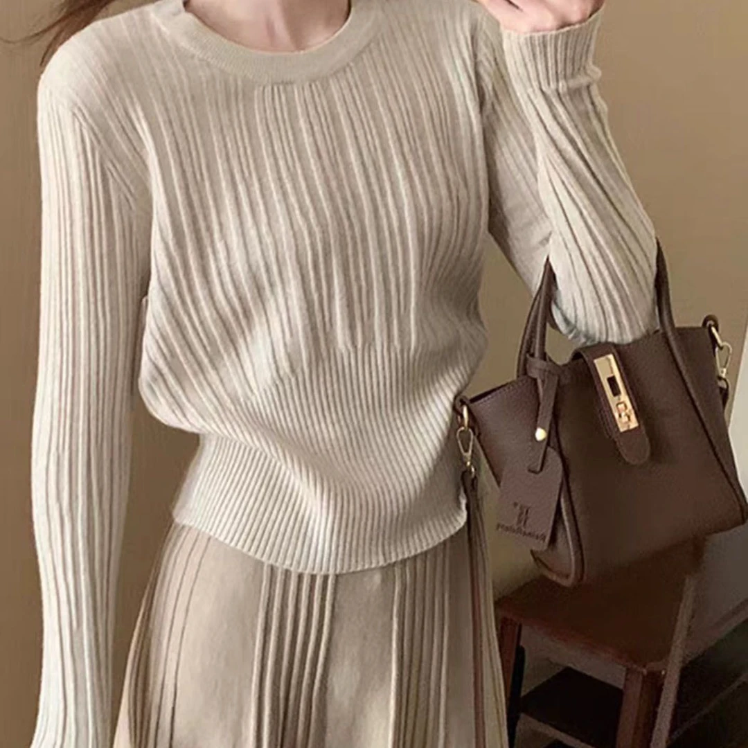 圆领长袖毛衣半身裙套装女2025秋冬季新款高级感显瘦针织两件套装