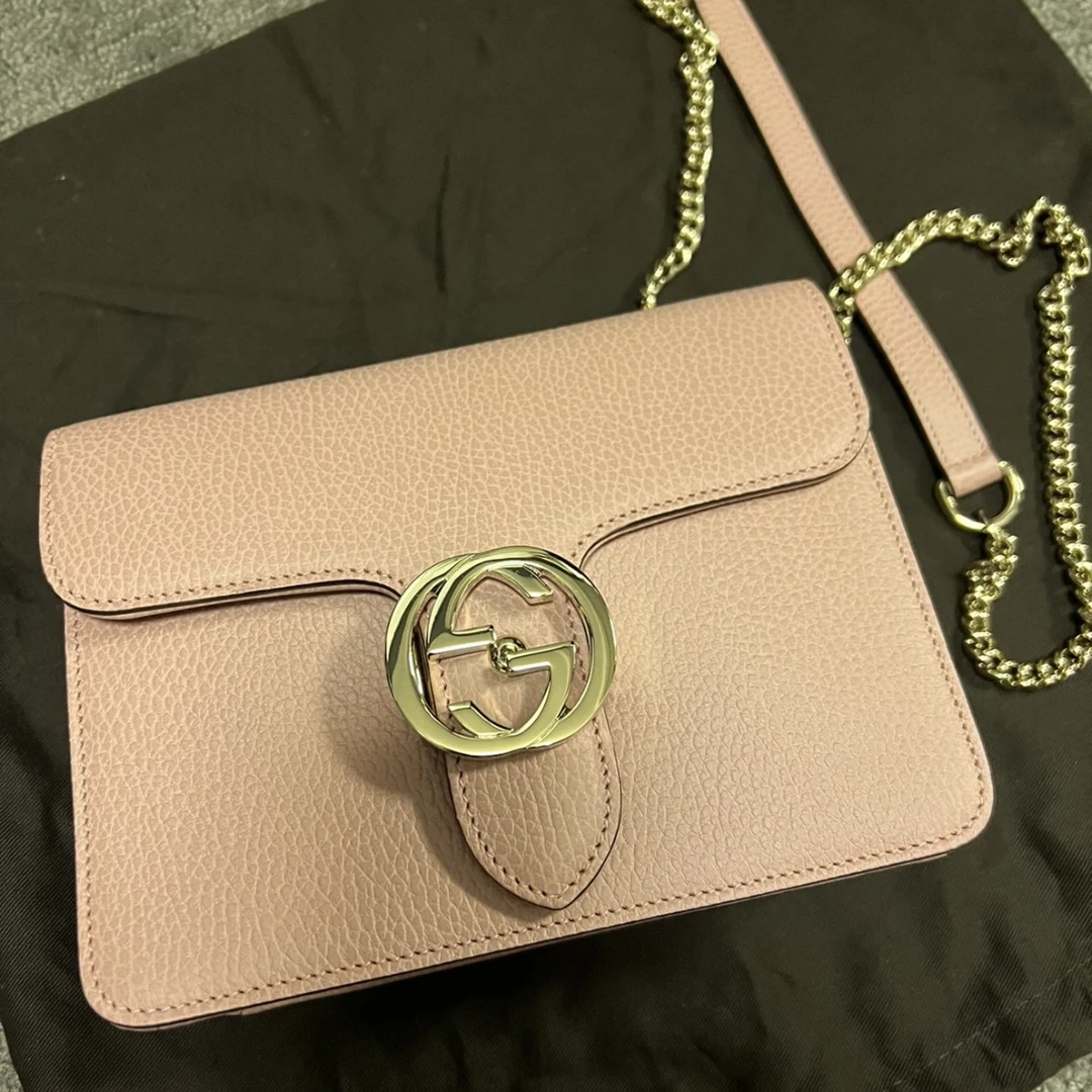 95新 GUCCI/古驰 XM/奶茶裸方胖双G荔枝纹链条斜挎包FYWJ05123842