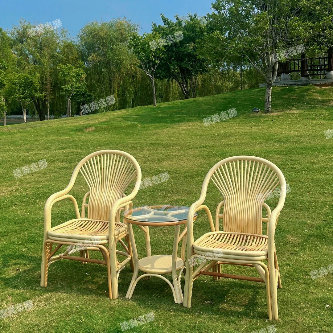 原藤色【单凤尾三件套】全藤休闲椅 室内真藤藤椅 阳台椅藤编办公椅