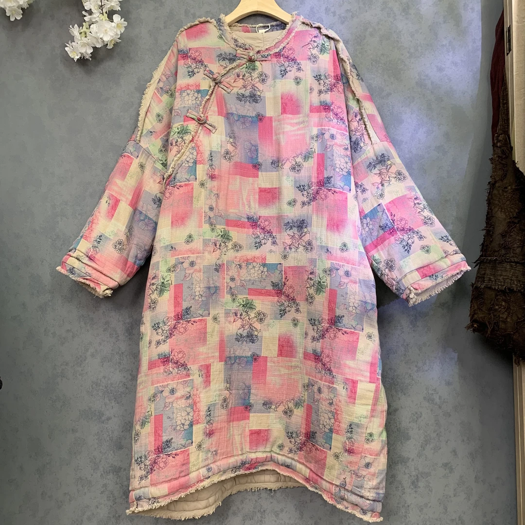 [麻衣舍]冬款夹棉加厚棉麻中式复古斜襟毛边宽松袍子印花碎花