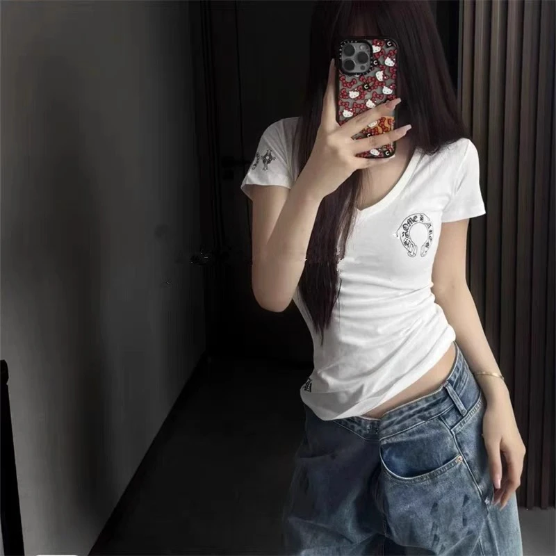 【lunan】c.h梵文马蹄v领收腰短袖