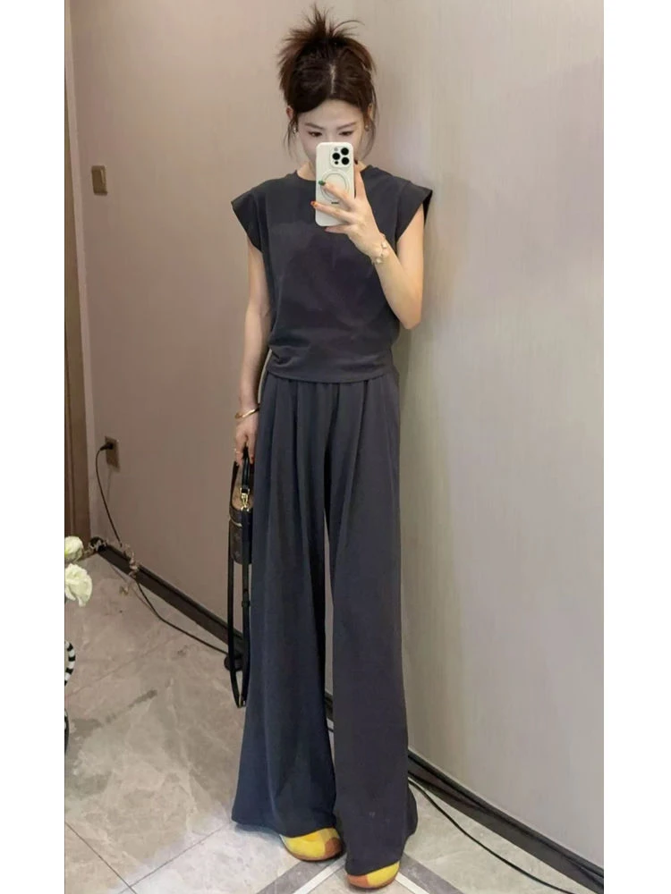 2025夏新款简约圆领小飞袖T恤＋休闲阔腿裤套装女