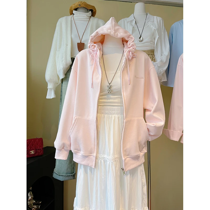 韩版字母刺绣粉色连帽卫衣女春秋2025新款慵懒风小个子宽松外套潮