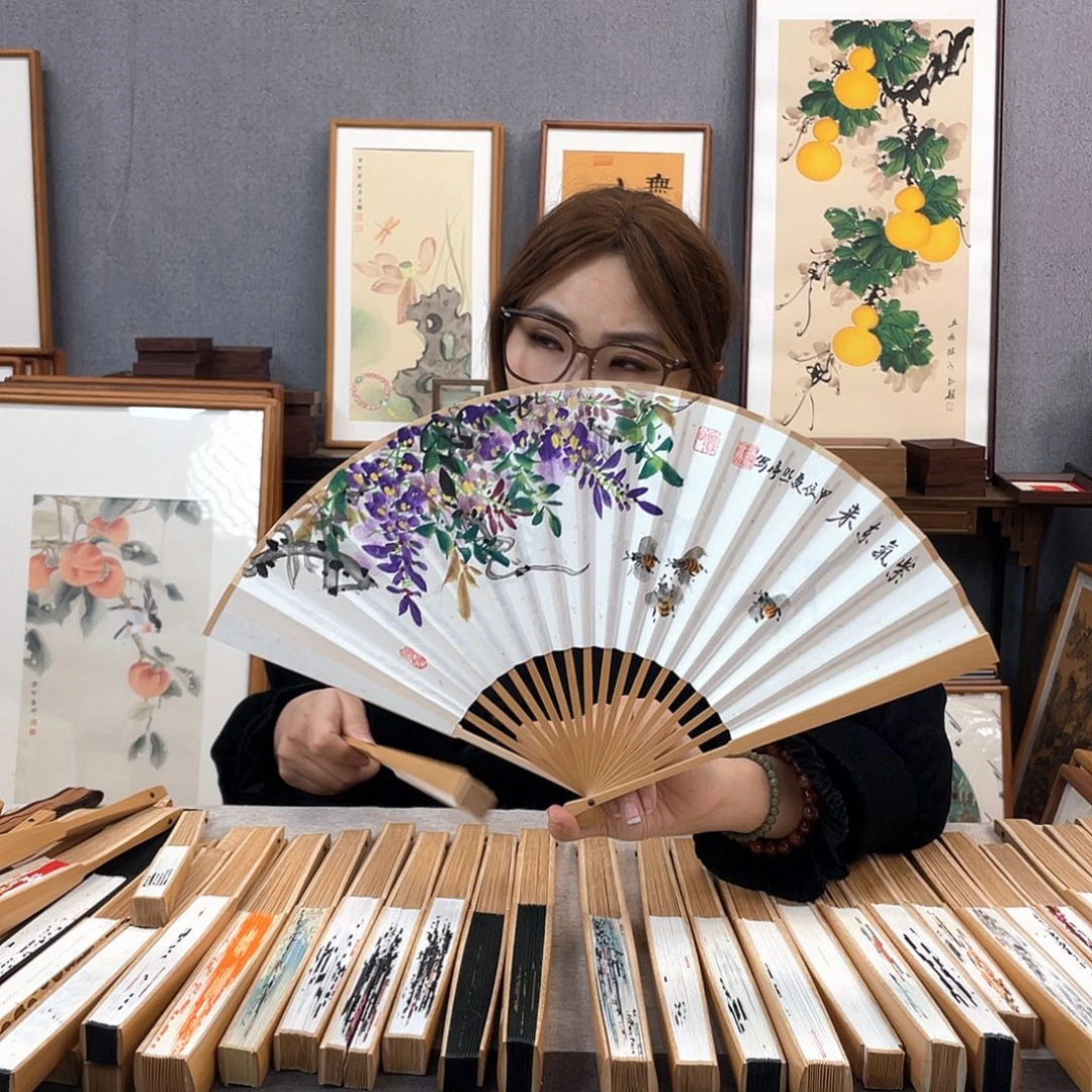 国画8寸玉竹-纯手绘-文玩扇骨（默认粘好）