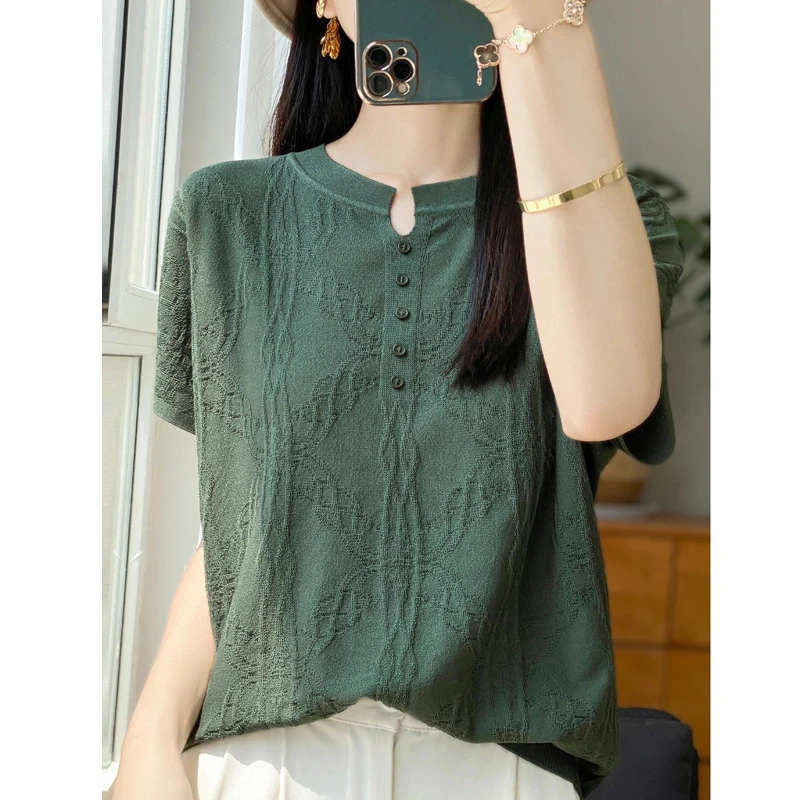 重工浮雕夏季新款V领针织短袖百搭复古镂空薄款宽松气质显瘦时尚