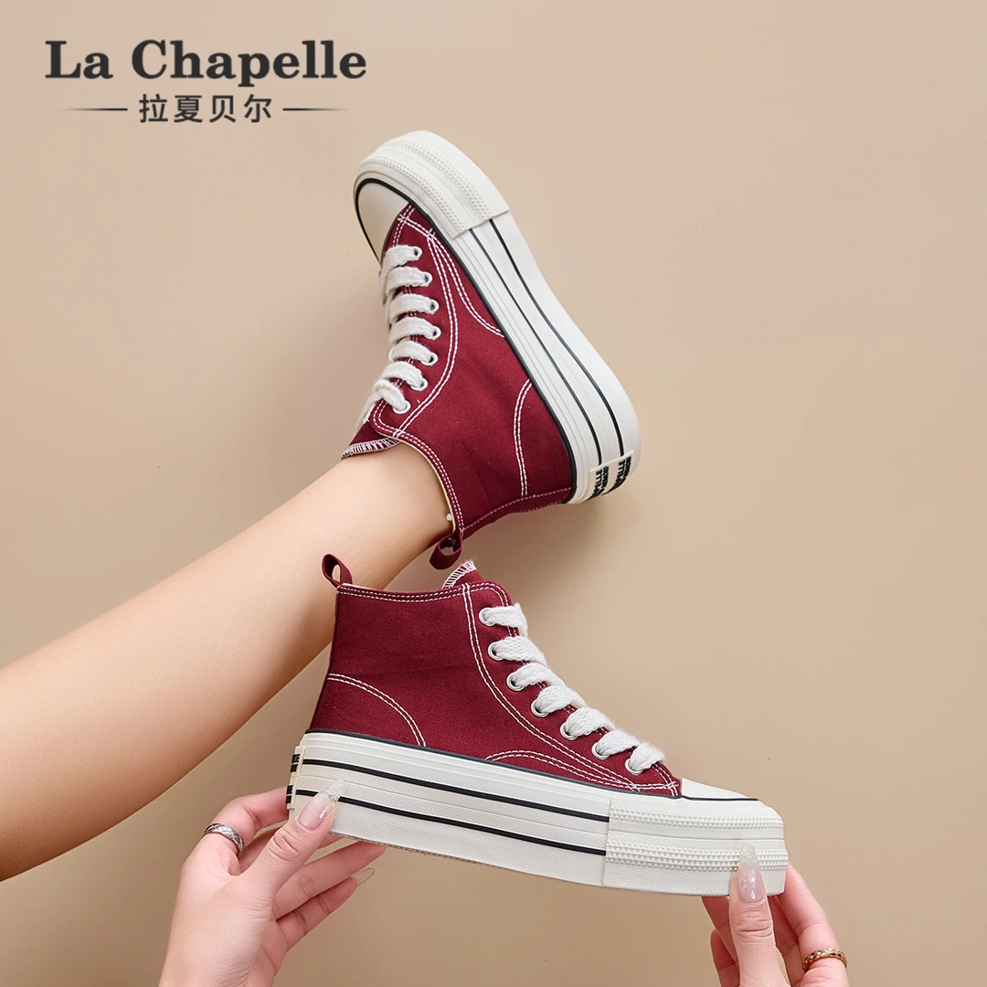 拉夏贝尔高帮帆布鞋女款2025爆款厚底百搭运动韩版时尚休闲鞋女