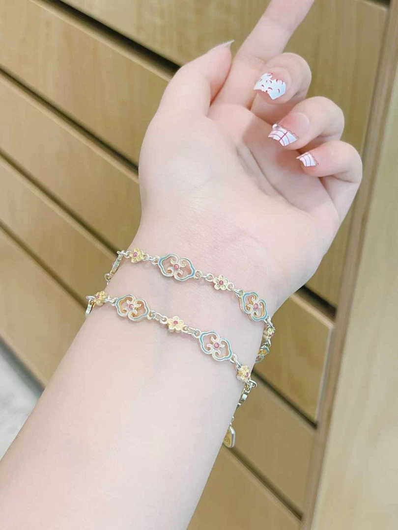 足银手链 古风纯银手链女款足银999.9珐琅描金双如意手链可调节