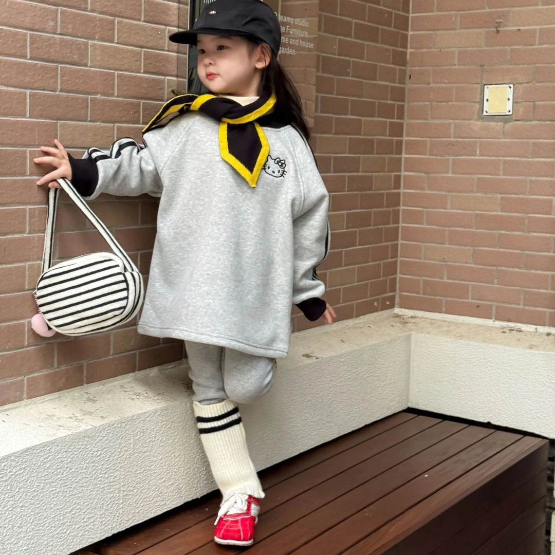 2025冬韩版女童中长款卫衣刺绣卫衣加绒配拼接打底裤加绒